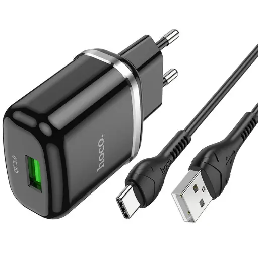 HOCO CARGADOR CASA N3 CERTIFICADO QC3.0 CON CABLE TIPO C NEGRO